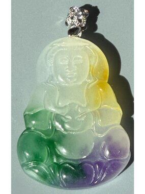 Vintage Carved Buddha Pendant Multicolor Stone Quartz Tested Green Yellow Purple